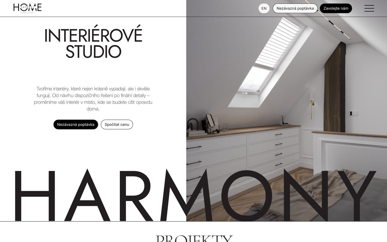 The Home Harmony homepage with the words Interior studio and a large HARMONY